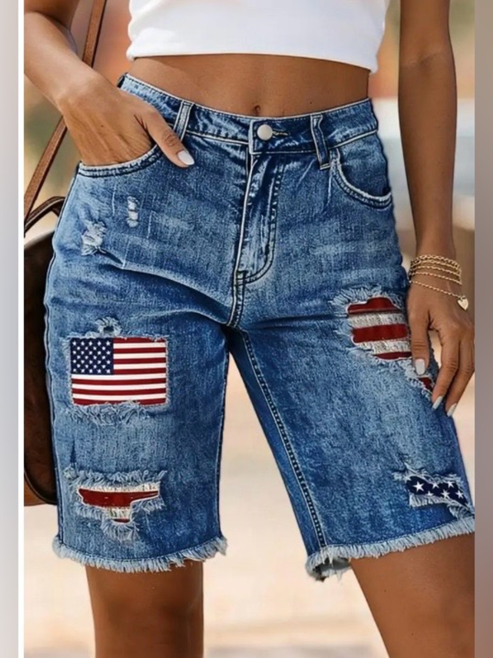 Flamingals American Flag Patched Ripped Raw Hem Mid Rise Denim Bermuda Shorts
